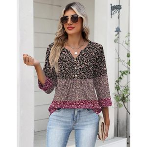 Womens Floral Print Blouse Three Quarter Sleeve V Neck Chiffon <b>Top</b> Casual Work Shirt Sheer <b>Layer</b> S 3XL - Product Image 3