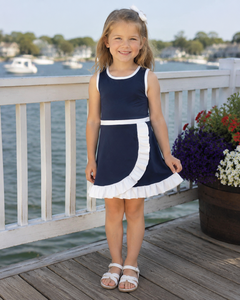Vestido Deportivo sin Mangas para Niña, Modelo GSD4145 RTS, Color Azul Marino con Ribete Blanco, Tela de Lana, Estampado Floral, Verano - Product Image 1
