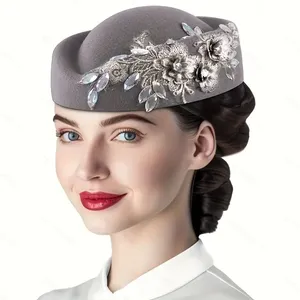 Cappelli da Hostess Vintage Eleganti con <span class=keywords><strong>Diamanti</strong></span> per Donne con Velo da Chiesa e Feltro Morbido Floreale - Product Image 4