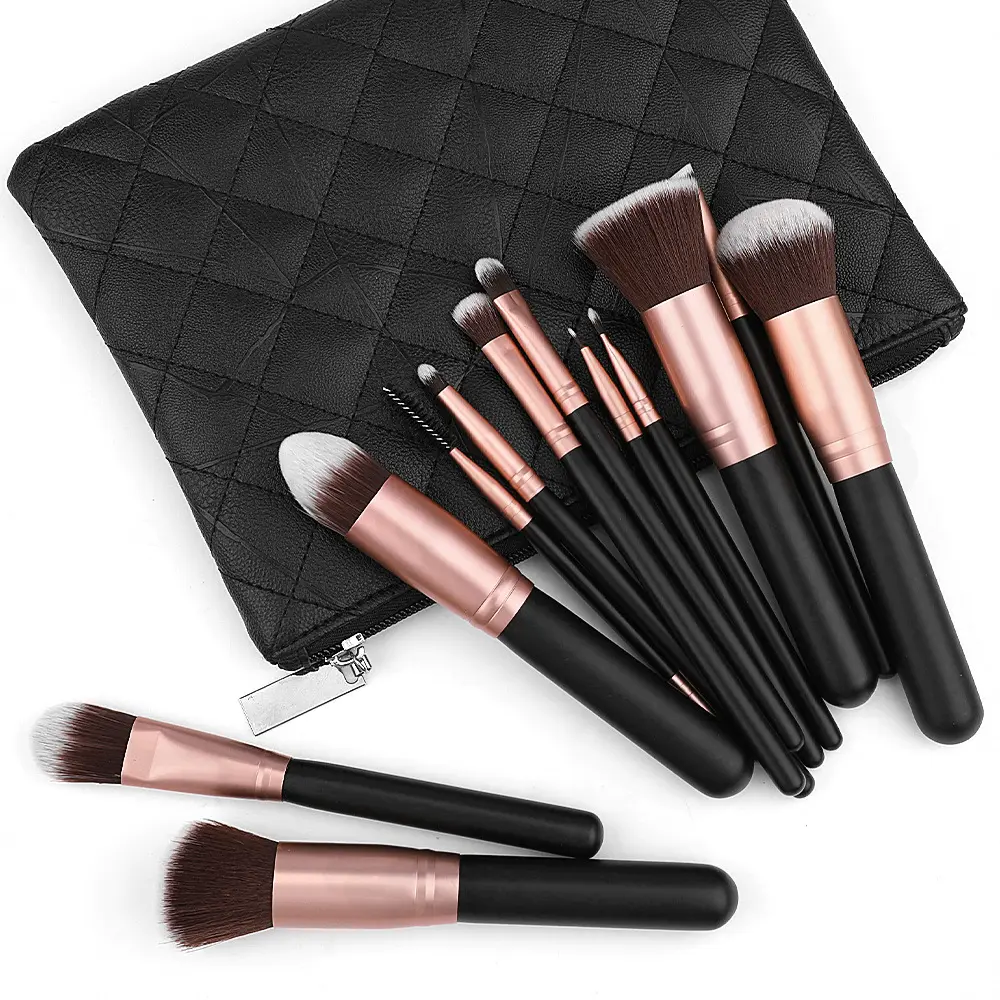 Customized 12pcs Rose Gold Black Makeup Brushes Set private label Vegan Make Up Tools Powder Foundation Eyes Brush with bag