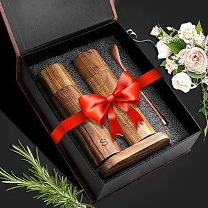 Caixa de presente personalizada de madeira, conjunto de moinhos de pimenta com aster + escova de limpeza + colher, pimenta e sal