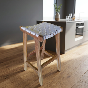 Tabouret de bar moderne en cuir véritable tressé brun naturel et teck, chaise de loisirs pour salon, bureau à domicile, hôtel, appartement, mobilier de maison - Product Image 2