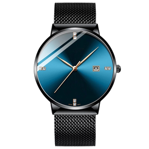 Montre à quartz simple pour homme, étanche, avec index des heures sertis de cristaux, bracelet en maille d'acier inoxydable ultra-fin, montre de cérémonie avec calendrier - Product Image 2
