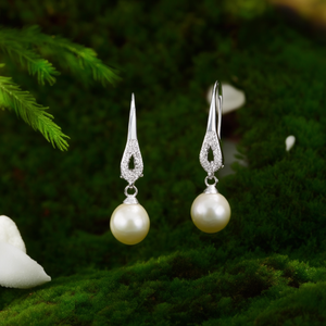 Orecchini pendenti in oro bianco E4060 con perla coltivata di forma rotonda AAA, stile classico, per gioielli da donna per matrimoni - Product Image 2