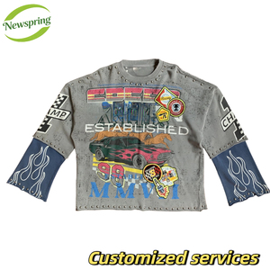 Camisetas de Manga Larga con Cuello Redondo para Hombre, 100% Algodón, 300gsm, Estilo Oversize con Remaches, Transpirables, Personalizadas OEM al por Mayor - Product Image 1