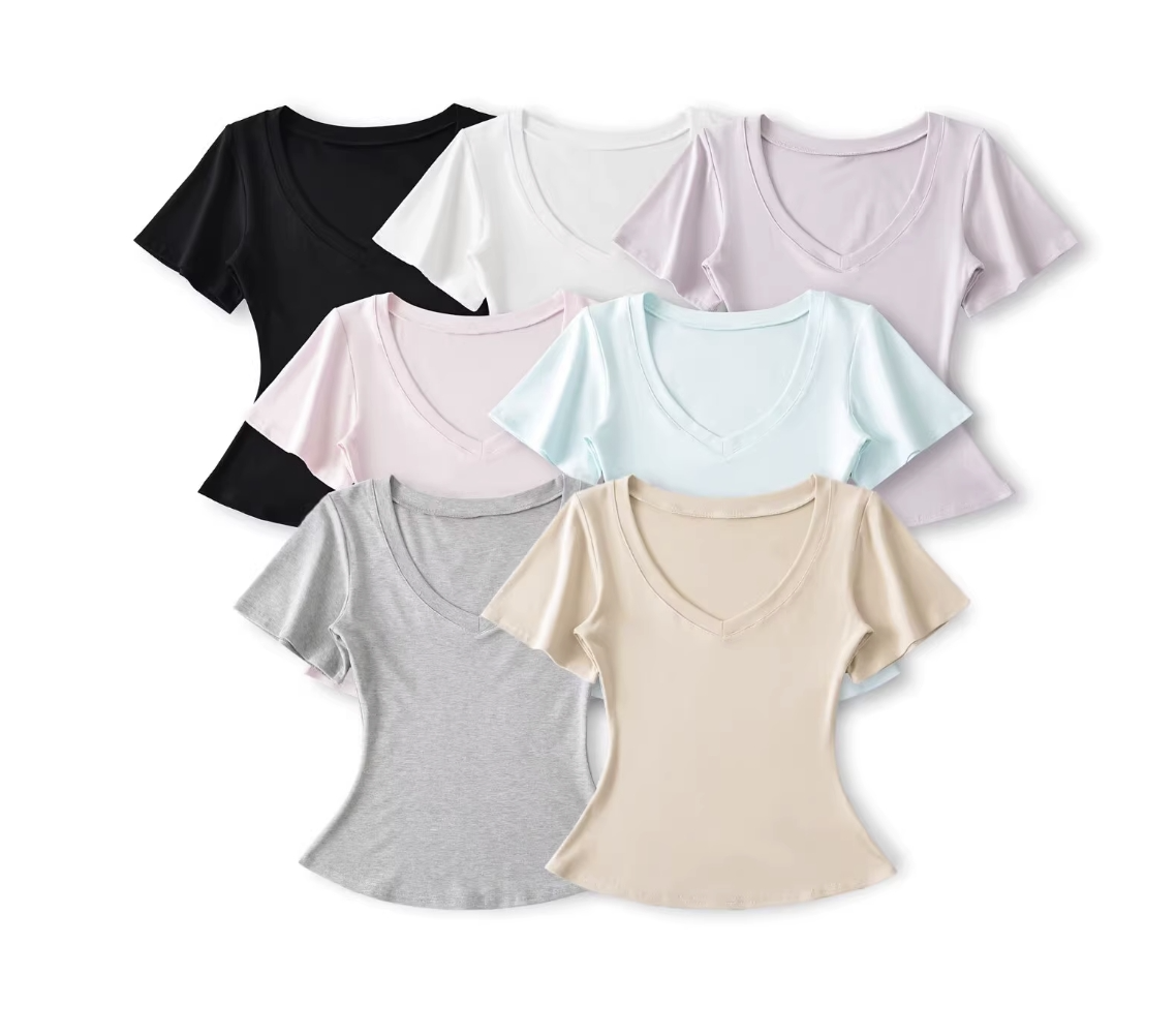Women's Sexy Slimming Gym Fitness T-Shirt Knitted Waist-Cinching V-Neck with Short Sleeves for Sports Yoga Running