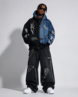 DIZNEW Veste à capuche reconstituée pour homme, en polaire noire, avec imprimé épines, patchwork bleu, empiècements en jean, badges et œillets, style streetwear déstructuré