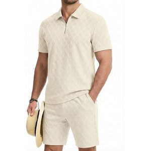 Ensemble de shorts et polo jacquard 2 pièces pour homme FOXA, fermeture éclair quart de tour, respirant, tricoté, tenue de plage - Product Image 1