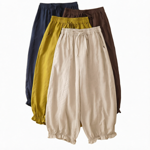 Pantalones Bombachos de Lino y Algodón para Mujer, con Volantes en el Bajo, Pierna Ancha, Cintura Elástica, Ropa Casual de Verano para Estar en Casa - Product Image 1