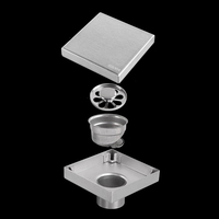Siphon de sol carré en acier inoxydable SUS304 de 4 pouces avec grille invisible à insert de carrelage, finition brossée, pour salle de bain