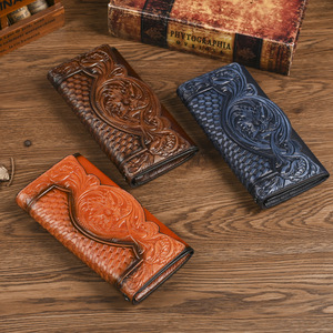 Ando Bag Vintage Floral <b>Embossed</b> Genuine Leather Long Wallet Trifold <b>Card</b> Holder with Wrist Strap - Product Image 1