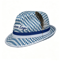 Chapeau Fedora bavarois personnalisé avec logo, chapeau Fedora bleu et blanc à carreaux avec plume