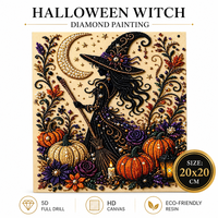 Kit de Broderie Diamant DIY Halloween : Sorcière et Citrouille Effrayantes, Broderie 5D à Strass Plein Point, Décoration Murale Artistique pour la Maison