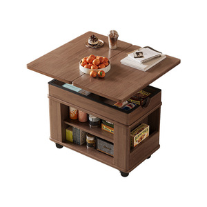 Solid Wood Folding Coffee Table With Wheels Height Adjustable Living Room Side Cabinet Movable <b>Trolley</b> Storage Shelf - Product Image 5