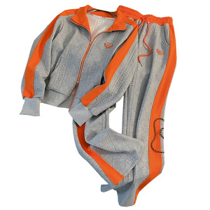 Damen 2-Teiliges Trainingsanzug-Set Reißverschluss-Hochkragen-Langarmshirt & Weite Hose mit Orangen Streifen Zopfmuster Lässige Sportbekleidung - Product Image 4