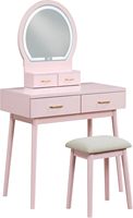 Coiffeuse moderne rose tendance avec panneau en bois, miroir éclairé sur pied et tabouret rembourré pour chambre et salon – Vente en gros