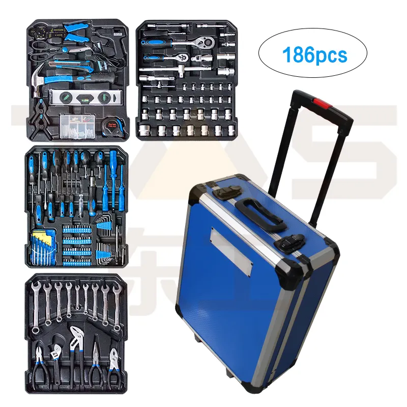Boîte à outils multifonctions, 186 ou pièces, avec boîte bleue en aluminium, chariot télescopique