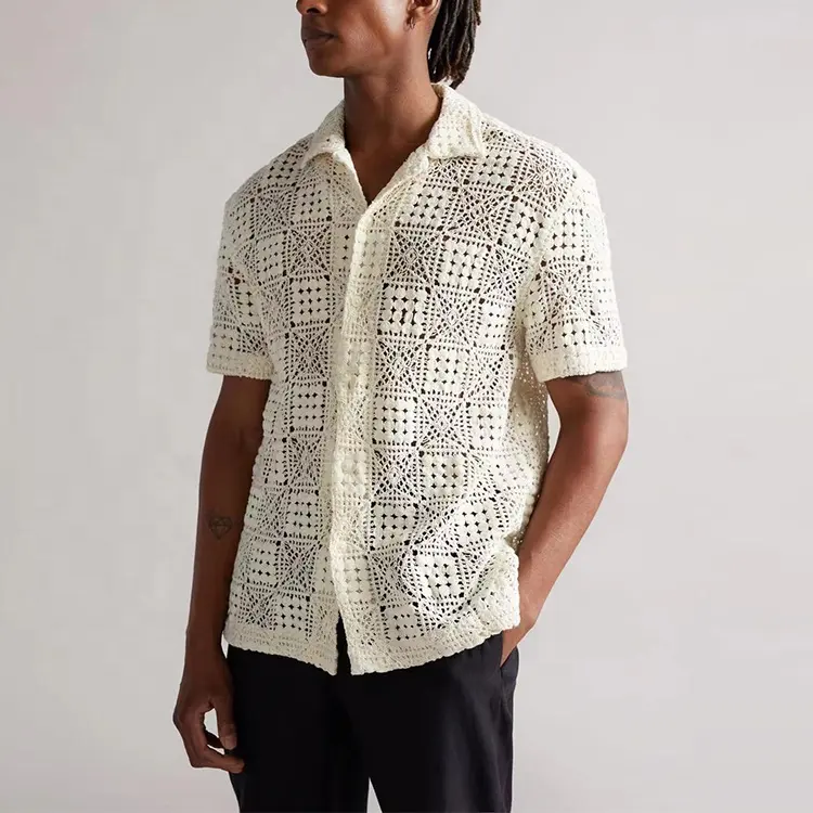 OEM Summer men casual shirts Texture Button Up Shirt Customized mens fashion Short Sleeves Crochetdesigner shirts for men