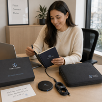 Kit de bienvenue pour les nouveaux employés avec logo personnalisé, comprenant une pochette pour ordinateur portable, un câble de charge, un carnet et un chargeur sans fil pour le travail hybride
