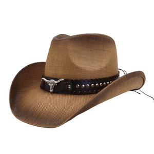 Alta qualità stile Texas <span class=keywords><strong>paglia</strong></span> <span class=keywords><strong>di</strong></span> carta all'ingrosso a tesa larga da uomo cappelli da sole con la classica fascia <span class=keywords><strong>di</strong></span> metallo testa <span class=keywords><strong>di</strong></span> mucca - Product Image 4