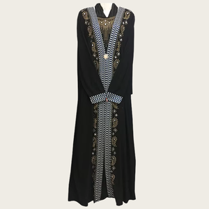 Women's Black Floral Beaded <b>Plus</b> <b>Size</b> Abaya Long Sleeve Floor Length Modest V Neck Loose Fit Middle Eastern Style Daily Wear - Product Image 1