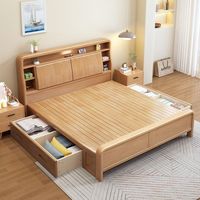 Lit en bois massif moderne et minimaliste avec tête de lit de rangement et tiroirs latéraux, cadre de lit en bois de style nordique avec vérin à gaz pour chambre à coucher