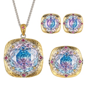 Vintage Eco-friendly Copper Blue Gradients Cubic Zirconia Necklace Set for Women High Quality 18-14mm Round Gem Jewelry Set - Product Image 1