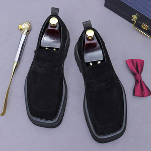 Thick-soled, lightweight, anti-slip suede leather loafers, men's business formal dress shoes with square toe and <b>matte</b> finish - Product Image 2