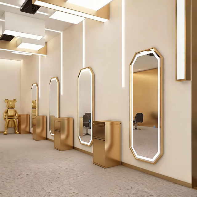 New Art Deco Decorative Full-length Mirror with LED Lights and Silver Frame for Barbershops and Salons