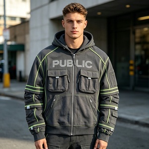 Fabricante OEM de Sudaderas con Capucha de Alta Gama Personalizadas, Sudadera con Capucha para Hombre con Cierre, Diseño Oversize con Pedrería, Múltiples Bolsillos y Costuras en Contraste - Product Image 3