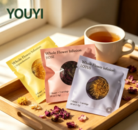 Sachet d'emballage alimentaire en plastique mat imprimé sur mesure, scellé sur 3 côtés, avec fenêtre et encoche de déchirement facile, pour thé, snacks et grains de café