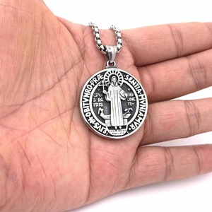 Stainless Steel <b>Cross</b> Pendant Necklace Men's Religious Charm Round Embossed Design 2160104 - Product Image 4
