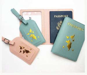 Factory Custom Map Gold Logo Travel Wallet Pu Leather Passport Holder <b>Cover</b> and Luggage Tag Set - Product Image 5