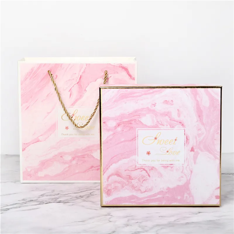 Luxury birthday gift packaging cardboard cosmetic packaging box marble grain customized gift box with bag