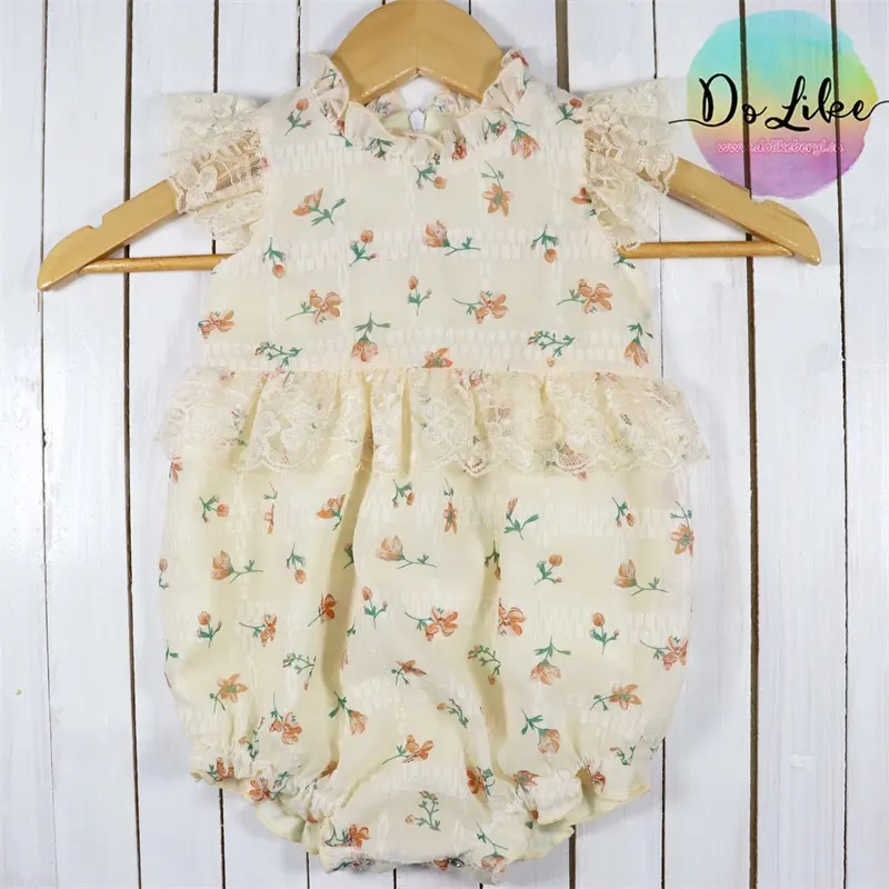 2024 children Eco-friendly material clothes wholesale girls woven floral pattern clothing with lace baby chiffon rompers