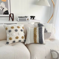 Housse de coussin carrée en coton et lin, personnalisable, antistatique, à motifs géométriques bohèmes et à pompons, pour canapé, chevet, baie vitrée et dossier de lit
