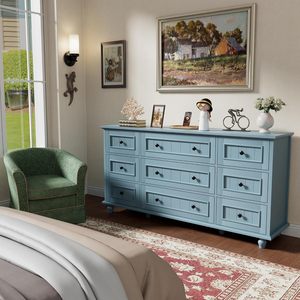Blue 9 Drawer Dresser, <strong>Large</strong> <strong>Chest</strong> Cabinet <strong>for</strong> Closet <strong>Storage</strong>.Farmhouse Style Wooden <strong>Storage</strong> Unit with Vintage Roman Column Legs - Product Image 5