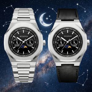 Montre en acier inoxydable avec logo, phases de lune, soleil et lune, mouvement japonais Hardlex, chronographe à quartz, bracelet en cuir tendance - Product Image 1