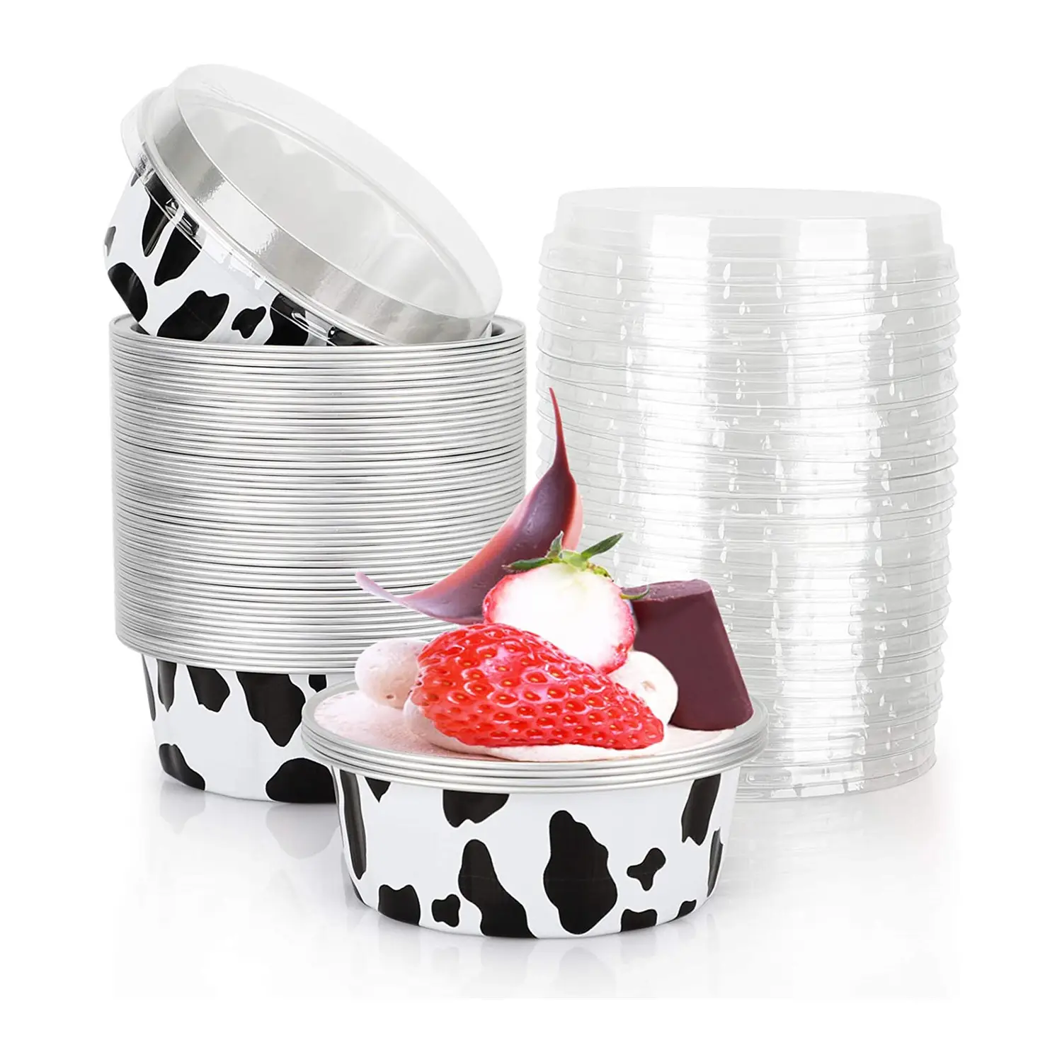 Aluminum Cups for Baking, Disposable Ramekins with Lids, Black White Aluminum Foil Cups Creme Brulee Muffin Cupcake Baking Cup