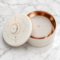 Boîte de rangement ronde pour cartes de tarot, crème, phases lunaires, luxe, intérieur or rose, emballage cadeau, boîte en étain