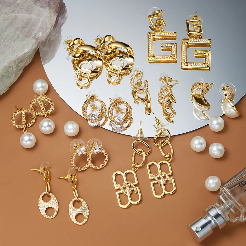 In stock Luxury Unique Korea high quality Zircon gold plated cooper Hoop Earring fashion stud drop dangle earrings womens