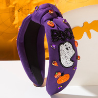Ikat kepala labu huruf BOO, ikat kepala simpul lebar oranye bermanik berlian imitasi Halloween hantu