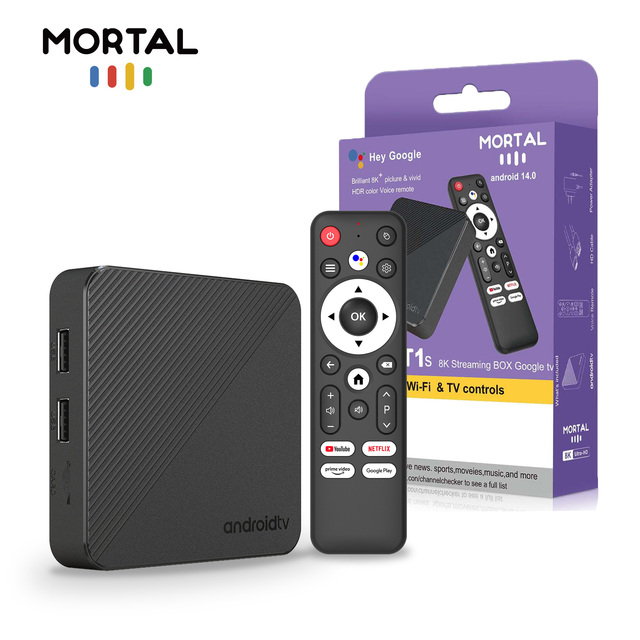 Set-Top Box Mortal T1S Android14 ATV Dual Wifi BT Quad Core Processor 2GB/16GB Voice Remote Control Best Google Fire TV Box