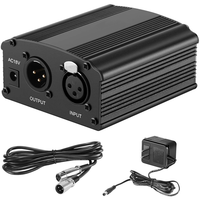 1-Channel 48V Phantom Power Supply With Adapter, XLR 3 Pin Microphone Cable for Condenser Microphone Music Recording Equipment