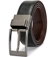 Sabuk Kulit Pria Desain 3.2CM Warna Cognac dan Hitam, Sabuk Kulit Asli Bolak-Balik untuk Pria dengan Gesper Putar