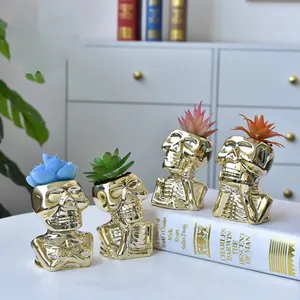 Macetas de cerámica Pequeñas en forma de Calavera, oro galvanizado, personalizado, venta al por mayor, para plantas de Cactus suculentas
