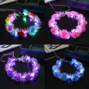 Novo estilo LED brilho ouro rosa flores Headwear piscando Headband coroas para festa de Natal