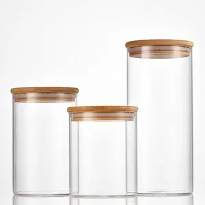 סיטונאי גבוהה ורוסיליקט צילינדר זכוכית צנצנת תבלין מזון אחסון מכולות עם במבוק מכסה לשימוש במטבח