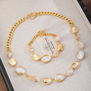 Joyería de Perlas de Agua Dulce Geométricas Barrocas Irregulares de Moda, Pulsera y Collar de Latón Chapado en Cobre para Regalo - Product Image 1