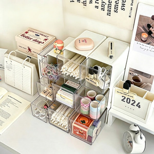 Desktop <b>Storage</b> <b>Box</b> <b>Drawer</b> Style Transparent Stationery Organizer Stackable With Lid For Students And Offices Compact Size - Product Image 3